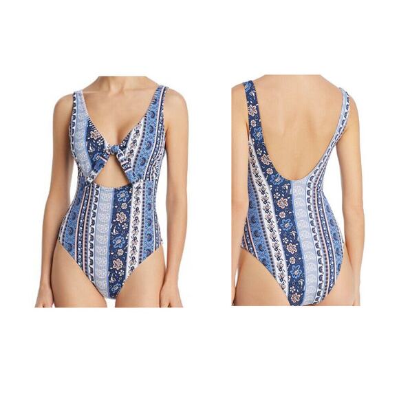 Mink Pink One Piece Swimsuit Size Small Blue Print Bounty Tie Front Womens - Picture 1 of 9